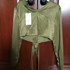 ZARA OLIVE GREEN CROPPED SATIN TOP WITH TIE